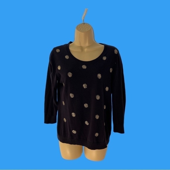 Sweaters - Navy 3/4 Sleeve Scoop Neck Lightweight Sweater with Beaded Large Dots M/L